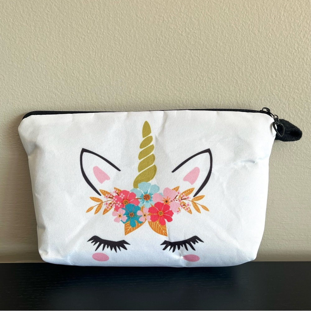 Floral Unicorn Zippered Makeup Pouch Cosmetic Travel Bag